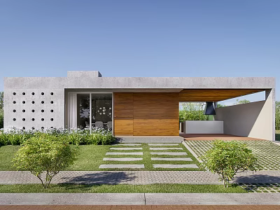Modern Detached Villa Exterior Design With Gray Concrete Walls Wooden Door Lawn And Stone Path 3d model
