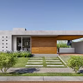 Modern Detached Villa Exterior Design With Gray Concrete Walls Wooden Door Lawn And Stone Path