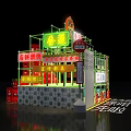 Shop Style Art Installation With Neon Lights Chinese Signage Green Frame And Tile Wall