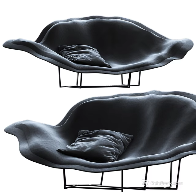 Two Black Irregular Shape Sofa With Unique Curved Design Gray Cushions And Sturdy Metal Legs 3d model 