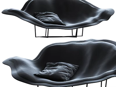 Two Black Irregular Shape Sofa With Unique Curved Design Gray Cushions And Sturdy Metal Legs 3d model