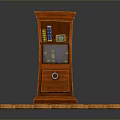 Wooden Cabinet with Glass Door and Drawer on Wooden Plank Platform with Books Inside