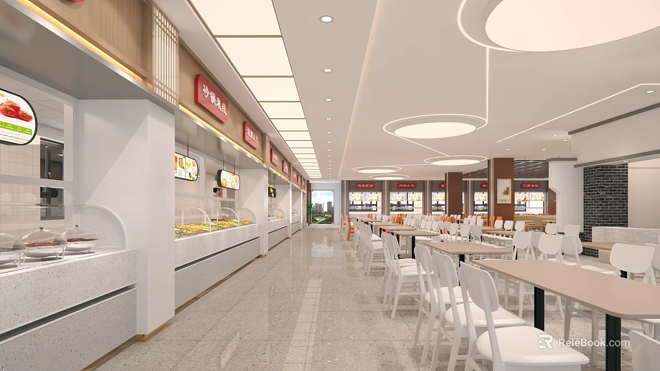 Bright Modern Spacious Restaurant With Clean Comfortable Dining Areas And Food Ordering Counters 3d model 