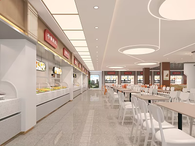 Bright Modern Spacious Restaurant With Clean Comfortable Dining Areas And Food Ordering Counters 3d model
