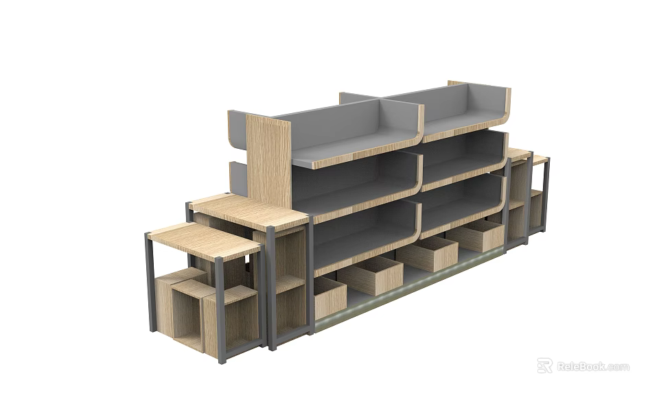 Multi Tier Retail Display Shelves With Wood Metal Structure And Storage Compartments 3d model 