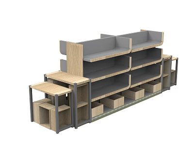 Multi Tier Retail Display Shelves With Wood Metal Structure And Storage Compartments 3d model