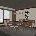 Modern Dining Room With Wooden Table Chairs Bench Pendant Lights Large Windows And Abstract Painting
