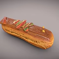 Eclair Dessert With Smooth Chocolate Glaze And Colorful Striped Decorations Plus Golden Balls