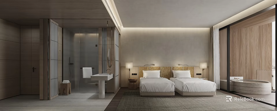 Modern Hotel Room Interior With Twin Beds Bedside Lamps And Open Bathroom Area 3d model 