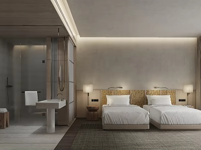 Modern Hotel Room Interior With Twin Beds Bedside Lamps And Open Bathroom Area 3d model