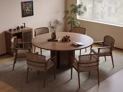 Round Wooden Dining Table With Woven Chairs And Cabinet In Cozy Room Interior 3d model
