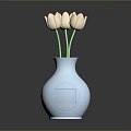 Light Blue Carved Vase With Light Pink Tulips On Black Reflective Surface