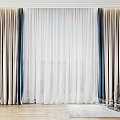 Modern Curtains Featuring Gray Blue Panels And Sheer White Layers For Window With Wooden Floor