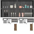 Organized Kitchenware Display On Dark Wooden Shelves With Hanging Utensils And Cutting Boards