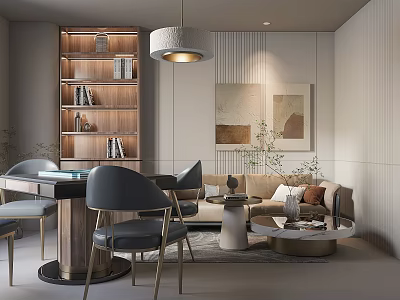 Modern Luxury Entertainment Room With Sofa Coffee Table Bookshelf And Decorative Painting 3d model