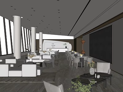 Modern Lounge Area With Large Windows White Sofas And Green Plants 3d model