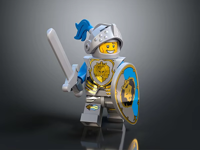 Lego Knight Doll With Silver Armor Blue Feather Sword And Lion Shield 3d model
