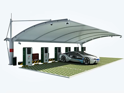 Modern Electric Car Charging Canopy with Multiple Stations and White Vehicle 3d model