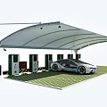 Modern Electric Car Charging Canopy with Multiple Stations and White Vehicle