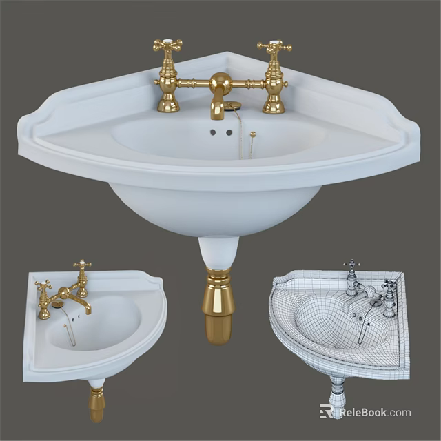 White Washbasin With Gold Faucet Pedestal And Design Details Multiple Views 3d model 