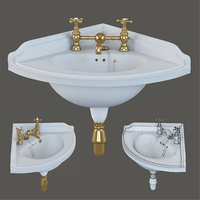 White Washbasin With Gold Faucet Pedestal And Design Details Multiple Views 3d model