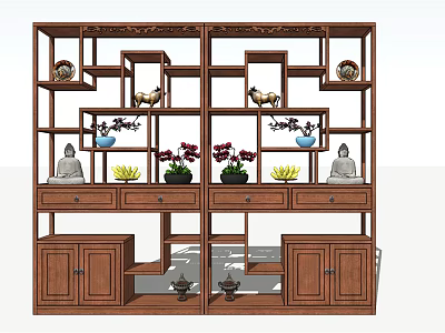 Traditional Chinese Style Decorative Cabinet With Shelves Drawers And Ornaments Including Buddha Statues Vases 3d model
