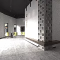 Modern Front Desk Reception Area With Stacked Cube Column Yellow Chairs And Gray Tile Floor 3d model