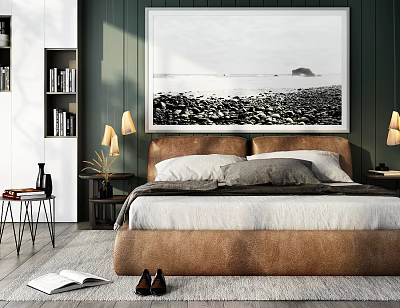 Modern Bedroom Interior Design With Upholstered Double Bed Green Wall And Large Artwork 3d model