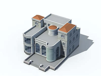 Cartoon Scene of Multistory Building With Red Roof Gray Structure Round Tower Arched Windows 3d model
