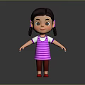 3D Cartoon Girl Character With Black Hair Pigtails Purple Striped Dress And Red Shoes