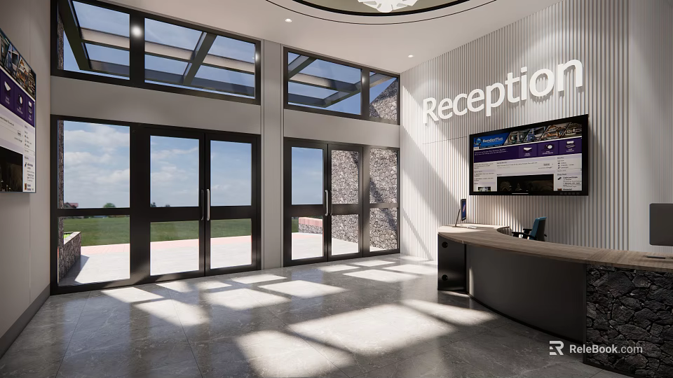 Modern Reception Area With Large Windows Bright Space And Digital Display Design 3d model 