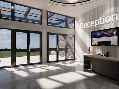 Modern Reception Area With Large Windows Bright Space And Digital Display Design 3d model