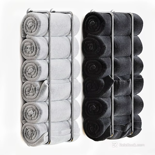 Soft Plush Absorbent Gray and Black Rolled Towels Neatly Arranged 3d model 