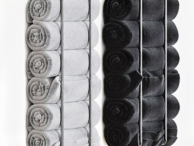Soft Plush Absorbent Gray and Black Rolled Towels Neatly Arranged 3d model