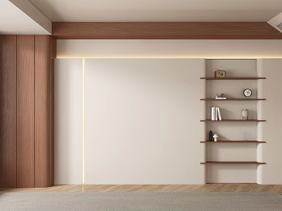 Modern Minimalist Sofa Background Wall With Wooden Panels Floating Shelves And LED Strip Lights 3d model