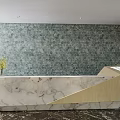 Modern Marble Reception Desk With Green Patterned Wall And Yellow Flowers 3d model