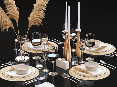Elegant Tableware Set With Golden Candle Holders Wine Glasses Woven Placemats And Pampas Grass Decor 3d model