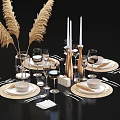 Elegant Tableware Set With Golden Candle Holders Wine Glasses Woven Placemats And Pampas Grass Decor