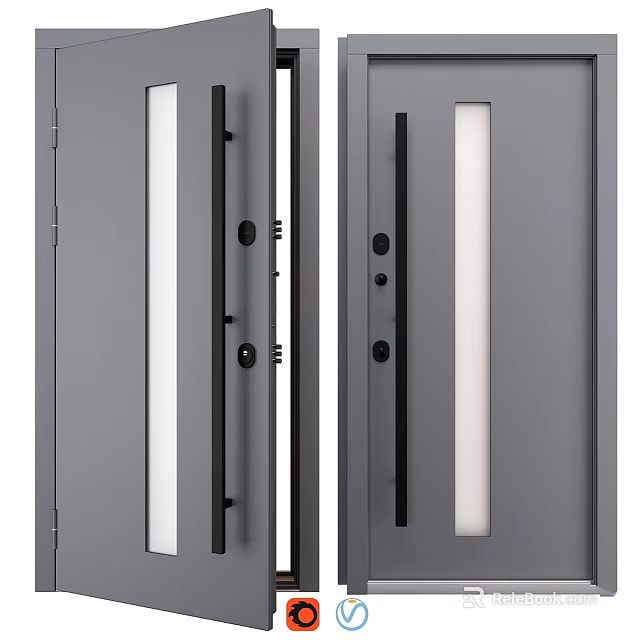 Modern Gray Double Door Design With Glass Panel And Black Handle Elements 3d model 