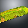 Detailed 3D Terrain Model With Green Vegetation And Yellow Land Undulating Topography