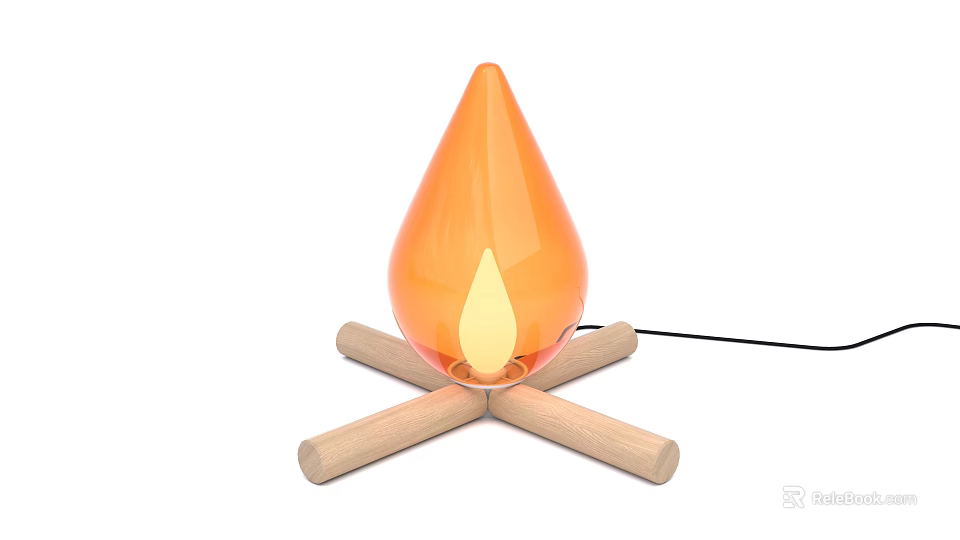 Outdoor Garden Decorative Ornament with Orange Glass Flame Shape and Wooden Cross Base 3d model 