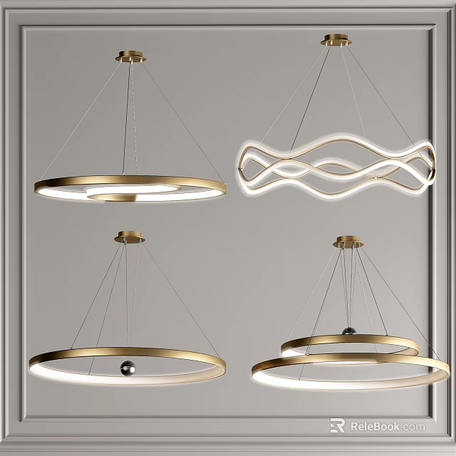 Modern Illuminated Chandeliers with Circular and Wavy Metal Frame Designs 3d model 