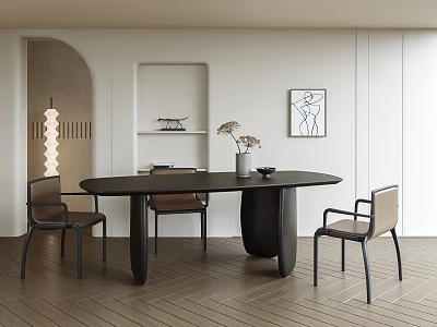 Modern Minimalist Dining Table Set With Oval Black Table Brown Leather Chairs And Wall Art 3d model