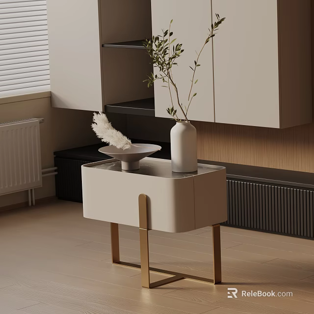 Modern Beige Bedside Table With Gold Legs Vase Plant Feather And Bowl 3d model 