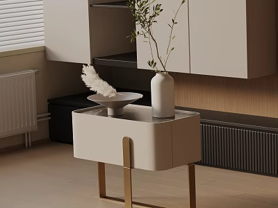 Modern Beige Bedside Table With Gold Legs Vase Plant Feather And Bowl 3d model