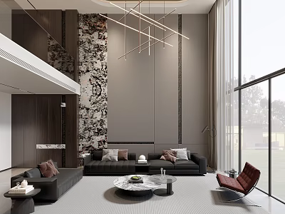 Modern Duplex Living Room Interior With Dark Sofas Wall Art And Floor To Ceiling Windows 3d model