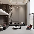 Modern Duplex Living Room Interior With Dark Sofas Wall Art And Floor To Ceiling Windows