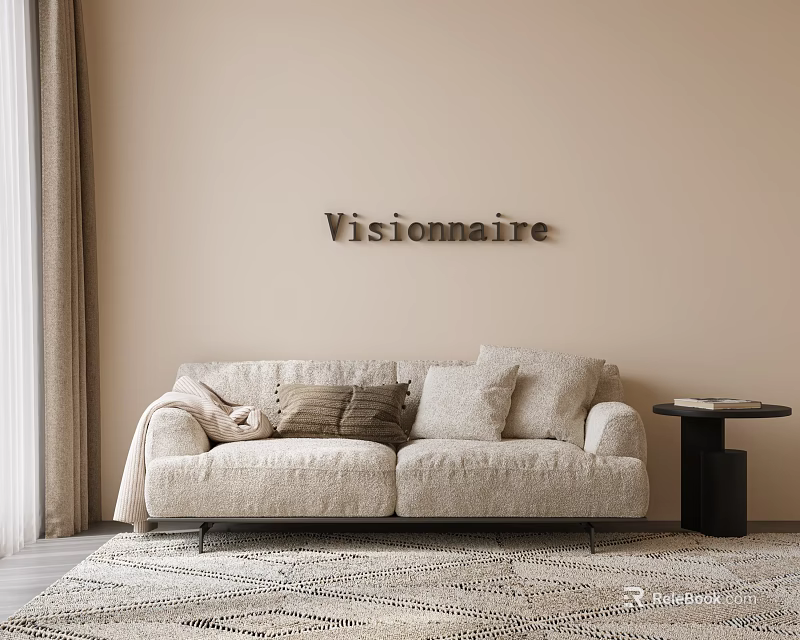 Elegant Beige Loveseat with Plush Pillows and Black Side Table on Textured Rug 3d model 
