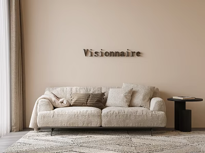 Elegant Beige Loveseat with Plush Pillows and Black Side Table on Textured Rug 3d model