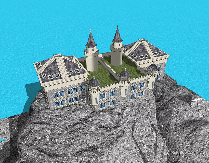 Ancient Castle Architecture On Rocky Cliff With Towers And Gray Roofs 3d model 